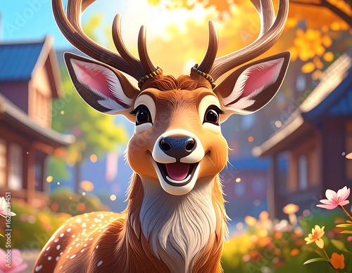 Smiling deer in autumnal village