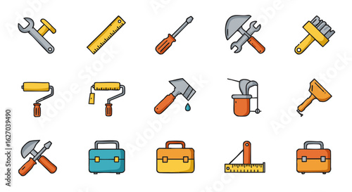 Colorful collection of construction and repair tool icons. Vector illustration set for handyman and DIY projects.