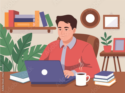 Clean and modern vector  man working from home on laptop vector illustration for remote work and freelance lifestyle concept design