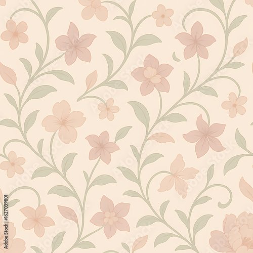 Wallpaper Mural Elegant seamless pattern featuring delicate pink blossoms and intertwining green vines on a soft cream background. Torontodigital.ca