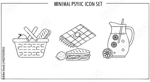 A minimal line art icon set for a summer picnic, including a basket, sandwich, and lemonade. Vector collection 258.