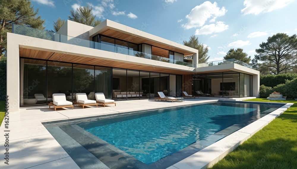 Fototapeta premium Modern luxury home with expansive pool, patio. Contemporary architecture features stone, concrete, glass elements. Estate boasts elegant design, manicured landscaping, ample outdoor living space for