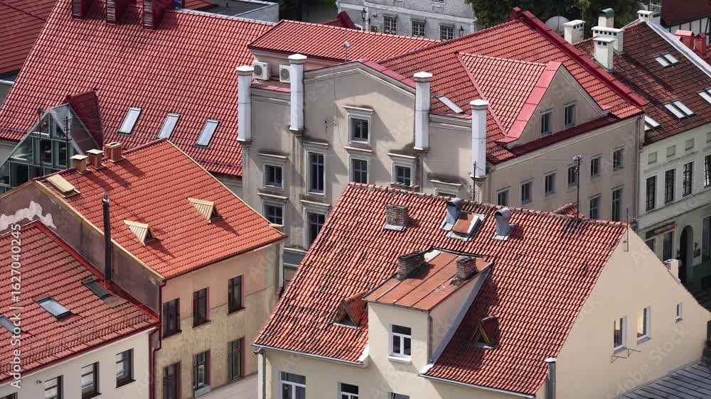 Close-up view of traditional red clay tiled rooftops in Klaipėda Old ...