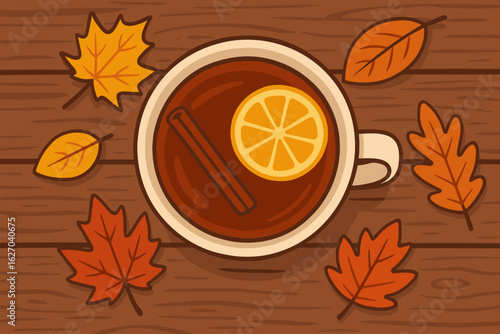 Autumn vibe and coziness, hot tea with cinnamon and lemon, top-down view on rustic wooden table, aesthetic vector illustration