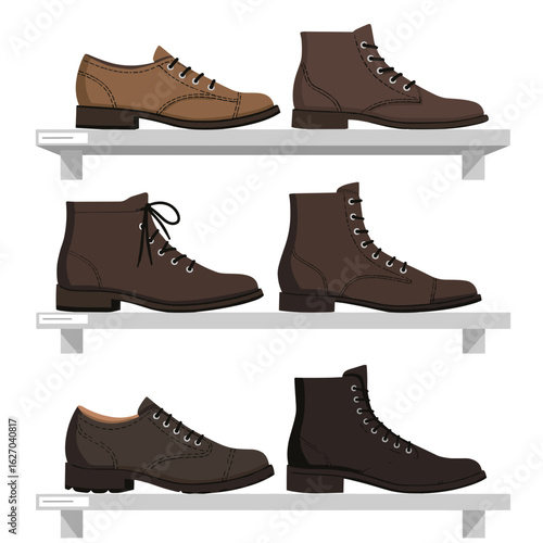 Variety of brown shoes displayed on shelves, white background, vector, isolated
