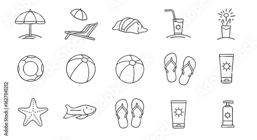 Summer Vacation Essentials Beach, Food, and Relaxation Vector Icons in Minimalist Style