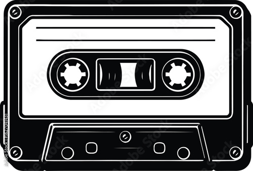 Black and White Vector Icon of a Vintage Cassette Tape