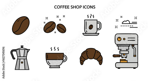 Coffee shop icon set: beans, cups, espresso machine, moka pot, croissant.