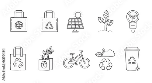 Eco-friendly lifestyle icons: reusable bags, solar panel, recycling, plant growth, bicycle.