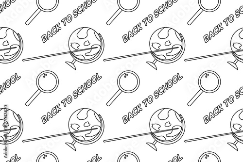 Coloring page of seamless pattern with globes, magnifying glasses, pointers. For entertaining kids, back to school, education black and white printable design, DIY craft activity, educational concept.