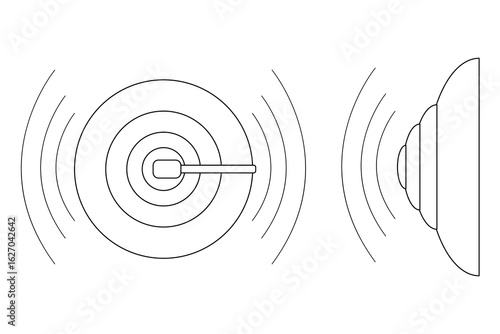 Coloring page of vector set school bell ringing in front and side view with sound waves. For entertaining kids, back to school or education black and white printable design, and DIY craft activity.