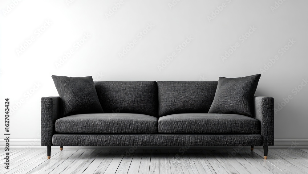 Fototapeta premium Dark gray sofa against white wall