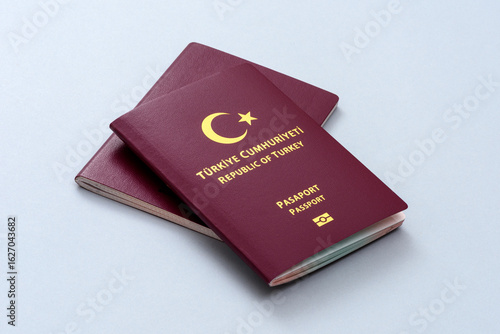 New Turkish citizen public passports on the blue background.