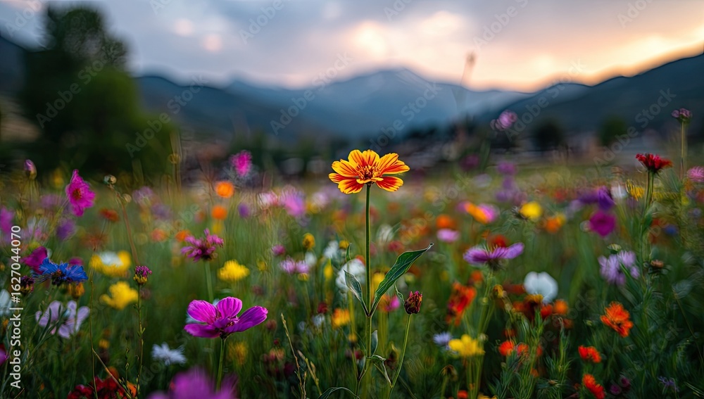 Fototapeta premium Vibrant wildflowers in a meadow at sunset, mountains in the background