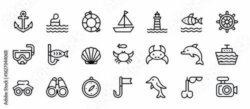 Clean and modern vector  nautical vector icons set travel vacation sea ocean summer adventure cruise elements graphic design 100px