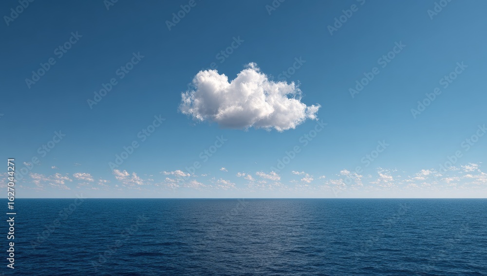Obraz premium Vast ocean meets a serene sky. A single cumulus cloud floats above a calm sea