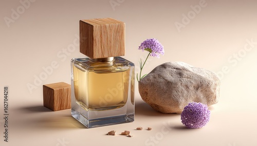 Amber perfume bottle with wooden cap, nestled amongst natural elements