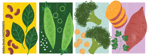 Set of cute, hand-drawn vector illustrations featuring spinach leaves, black beans, green peas, broccoli florets, fresh parsley, and sweet potatoes