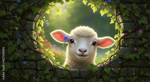 An adorable lamb with a flower peers through a circular, vine-covered stone window in a garden.