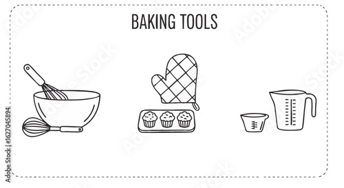 Collection of essential kitchen equipment for baking shown in a minimalist doodle style. Includes a whisk, bowl, oven mitt, and measuring cups