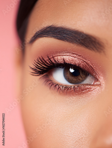Close-up of eye with metallic eyeshadow on pastel peach background
