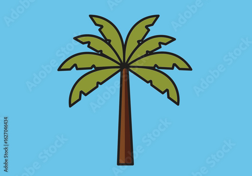 A vibrant vector illustration of a palm tree against a bright blue background, perfect for summer designs and tropical themes, conveying relaxation and vacation vibes