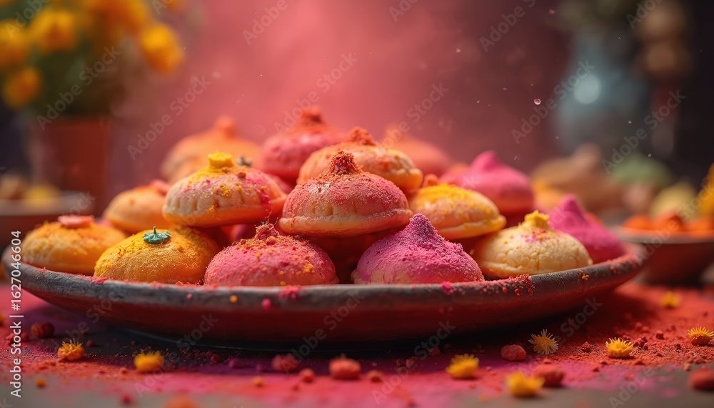 Obraz premium Holi celebration with colourful traditional sweets on display. Delicious dessert treats for festival, party. Indian cuisine, sweets assortment. Joyful, inviting festive atmosphere, celebration.