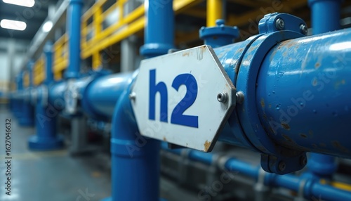 Wallpaper Mural Blue industrial pipeline marked H2, clean energy infrastructure. Yellow piping visible in background. Focus on advanced hydrogen transport system, manufacturing, safety protocols in factory setting. Torontodigital.ca