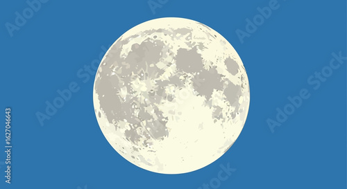 Detailed full moon illustration against a serene blue backdrop showcasing lunar surface details and orbital celestial body in space