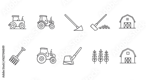 Collection of Farming Icons Tractors, Barns, and Gardening Tools for Agriculture and Rural Life