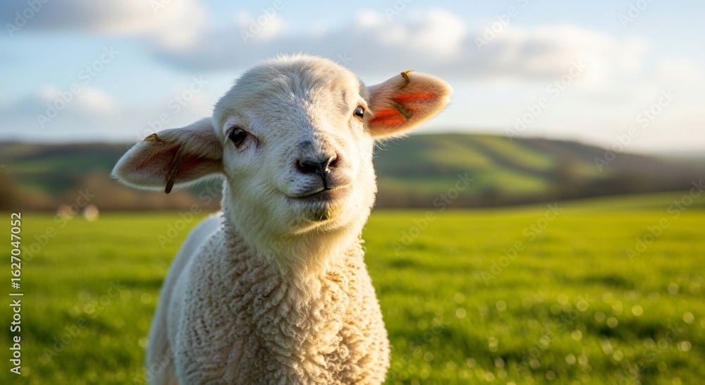 Fototapeta premium An adorable young lamb looks directly at the camera in a sunlit green meadow.