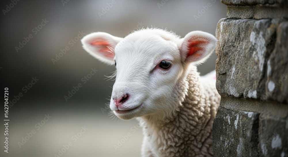 Obraz premium A curious young white lamb peeks its head from behind a rustic stone wall.