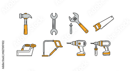 Vector illustration set of construction and repair tools. A collection of workshop icons including hammer, wrench, saw, and drill.