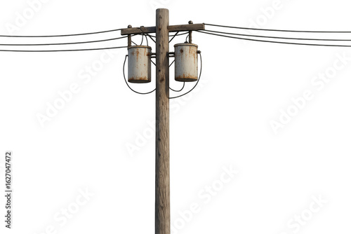Old wooden telephone pole with transformers and cables on transparent background