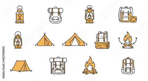 A collection of camping equipment and outdoor adventure line icons. Vector symbols for hiking and recreation (355).