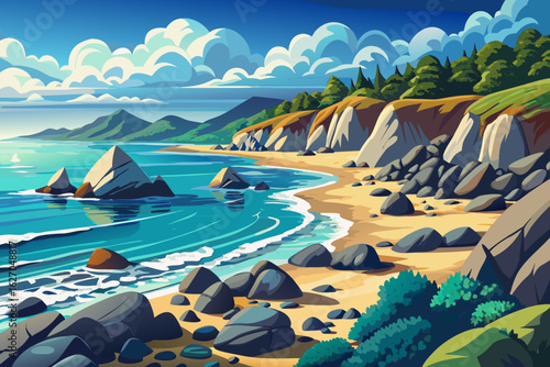 vector of The big and vast sea is water as far as the eye can see, and the beach is covered with big boulders...