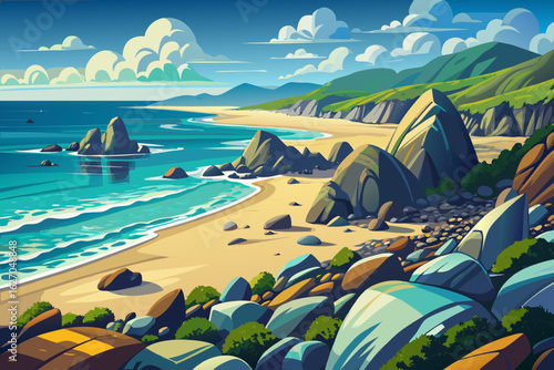 vector of The big and vast sea is water as far as the eye can see, and the beach is covered with big boulders...