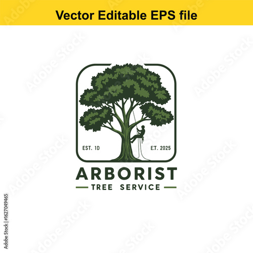 Vector art of arborist tree service logo with climber on rope isolated on white background