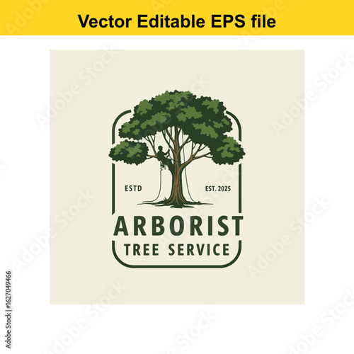Vector art of arborist tree service logo with climber on rope isolated on white background 