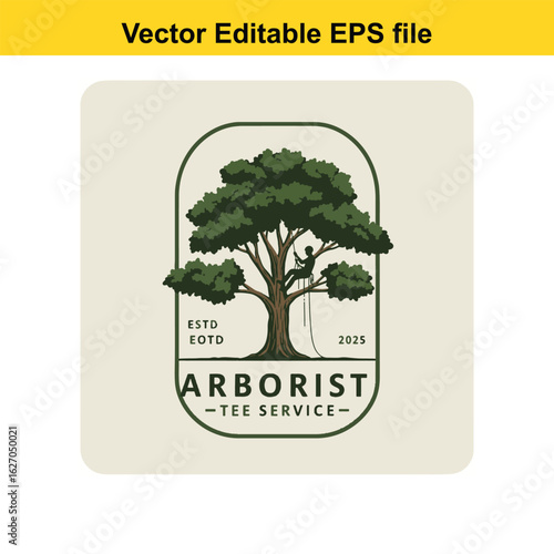 Vector art of arborist tree service logo with climber on rope 