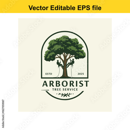 Vector art of arborist tree service logo with two climbers on a tree