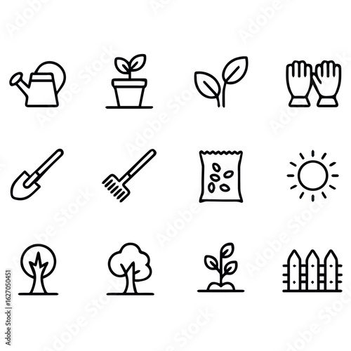 Clean and modern vector  gardening tools and equipment vector icon set for planting growing and maintaining a beautiful garden space