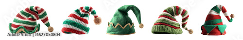Set of elf hats isolated on transparent background. Concept of Happy New Year and Merry Christmas.