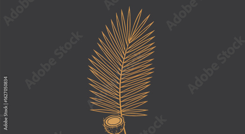 Elegant gold-toned line drawing of a palm frond against a dark background.