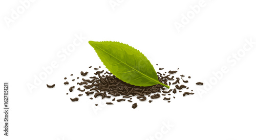 Vibrant green tea leaf on a mound of loose, dried black tea, showcasing the natural beverage ingredients.