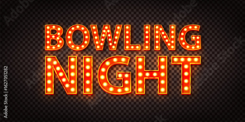 Vector marquee neon sign of Bowling Night text isolated on transparent background.