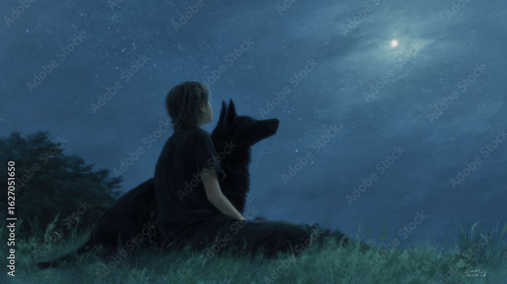 Fototapeta premium a woman sitting in a field with a dog