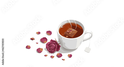 A white teacup filled with tea, a tea bag, a rose, and scattered petals.