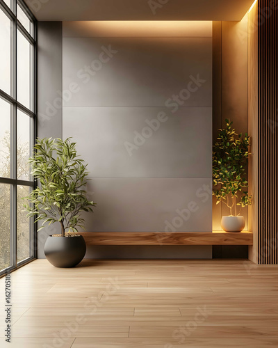 Editorial photograph luxurious hotel lobby interior with wide empty blank lightgray wall in New York Plants wood floor cloudy day Warm colors