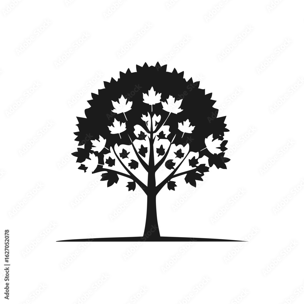 Obraz premium Monochrome Illustration of a Maple Tree Silhouette with Leaves and Branches